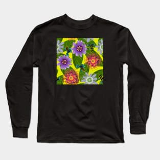 Pretty Poisons: Passionflowers and Poison Dart Frogs on Acid Yellow Long Sleeve T-Shirt